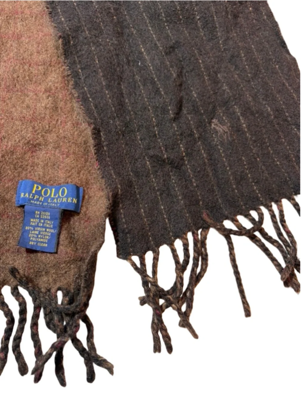 Polo Ralph Lauren Wool Scarf Reversible Brown Dark Brown Fringe Italy Classic